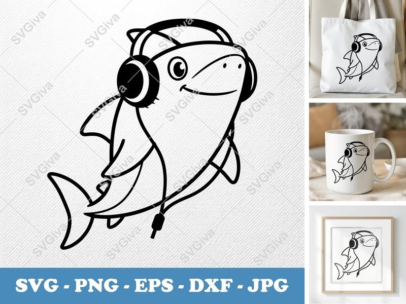 Shark with Headphones SVG | DJ Shark Cut File | PNG EPS DXF | Cricut Silhouette Vector Art | Music Lover Animal Design