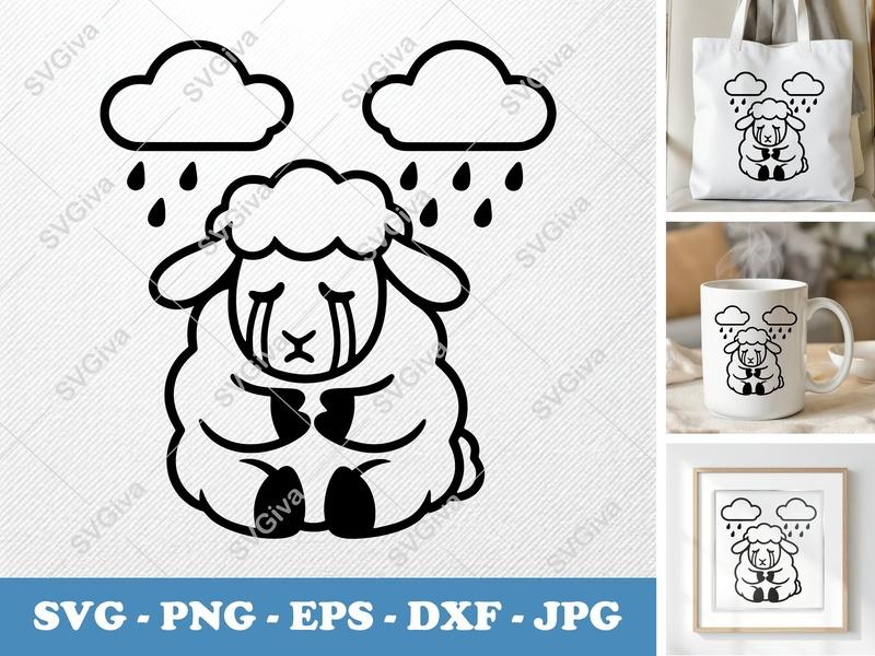 Sheep Crying SVG, Rainy Day Clip Art, Sad Sheep Design | PNG EPS DXF for Cricut & Silhouette | Modern Farm Animal Vector