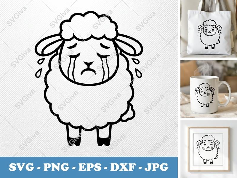 Sheep Crying SVG, Sad Lamb Cut File, Modern Cartoon Animal PNG EPS DXF | Cricut Silhouette Vector Clipart