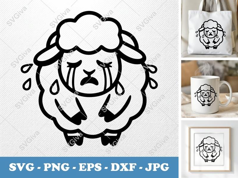 Sheep Crying SVG, Sad Lamb Outline, Kawaii Animal Cut File | PNG EPS DXF for Cricut, Silhouette | Modern Design