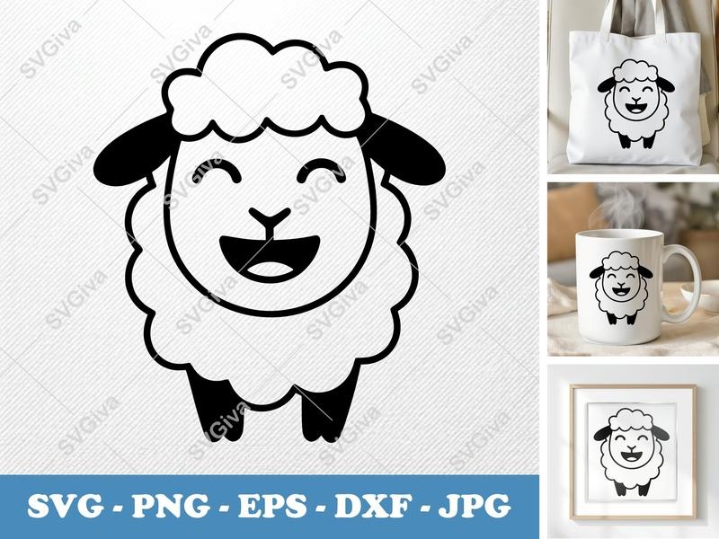 Sheep Happy SVG, Puffy Cloud EPS, Smiling Lamb DXF, Inflated PNG, Cricut & Silhouette File, Cute Animal