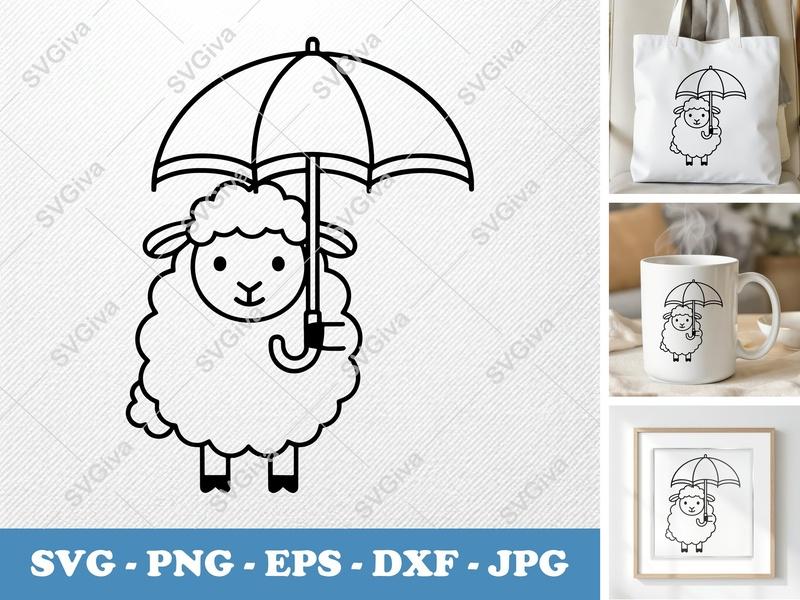 Sheep Holding Umbrella SVG | Minimalist Vector Cut File | PNG DXF EPS | Cricut Silhouette Ready Design