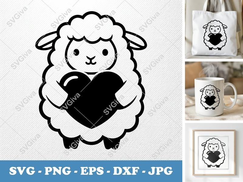 Sheep Love SVG, Cute Lamb Holding Heart PNG, EPS, DXF | Cricut & Silhouette Cut File, Farm Animal Vector
