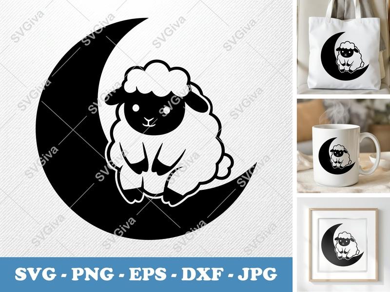 Sheep on Moon SVG, Cute Lamb Cut File, Modern Farm Animal Clipart, PNG EPS DXF for Cricut & Silhouette, Baby Nursery Design