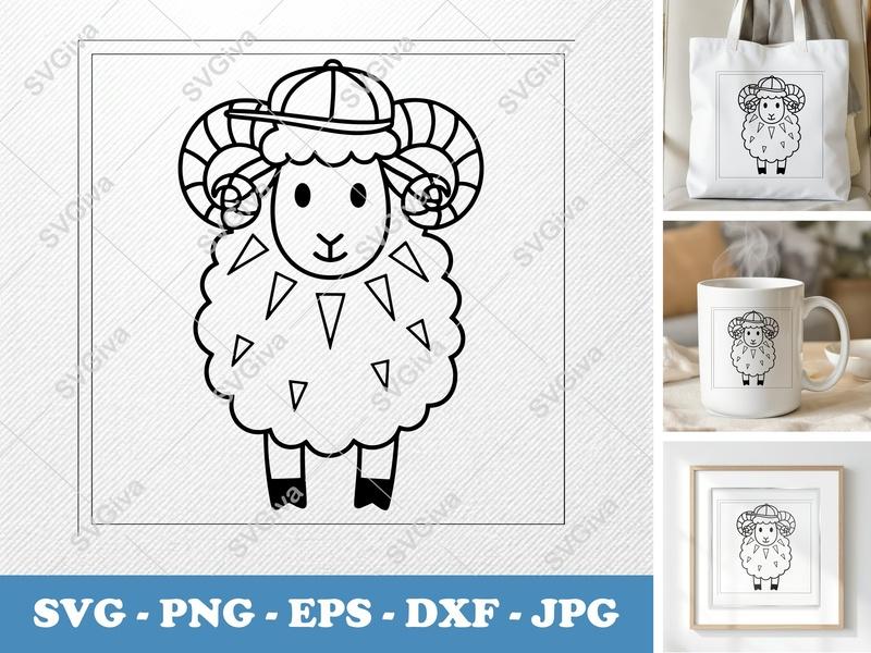 Sheep Ram with Hat SVG | Modern Lamb Cut File | Farm Animal PNG EPS DXF for Cricut, Silhouette, Vector Clipart