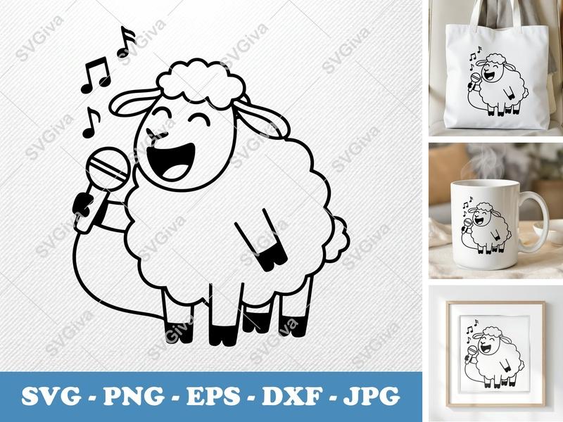 Sheep Singing SVG, Cartoon Karaoke PNG, Funny Farm Animal EPS, DXF Cut File for Cricut, Silhouette, Outline Clipart, Modern Design