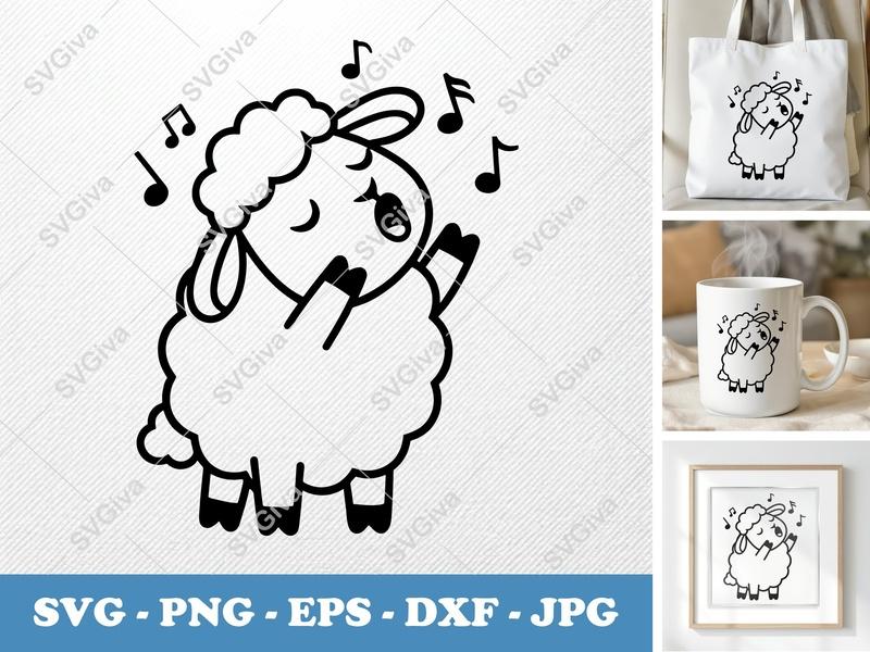 Sheep Singing SVG | Cute Animal Music PNG EPS DXF | Cricut Silhouette File | Modern Farm Clipart