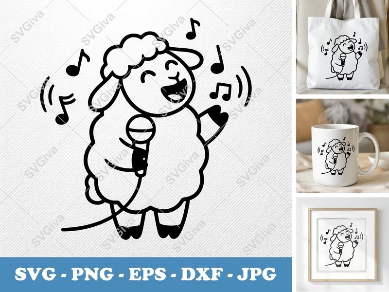 Sheep Singing SVG, Cute Karaoke Lamb PNG, Music Notes EPS, DXF | Cricut, Silhouette Cut File, Farm Animal Clipart