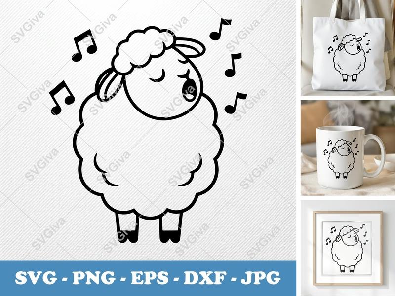 Sheep Singing SVG | Cute Music Notes PNG EPS DXF | Farm Animal Clipart for Cricut, Silhouette | Modern Outline Design