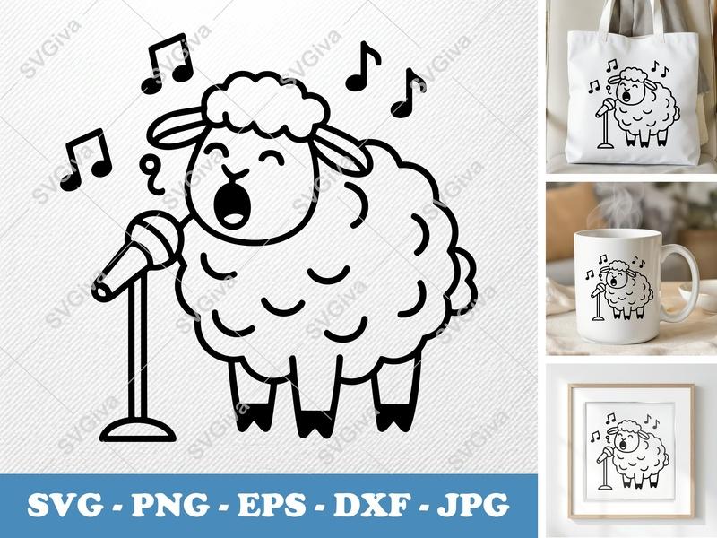 Sheep Singing SVG | Minimalist Bold Contour | PNG DXF EPS | Cricut Silhouette Cut File