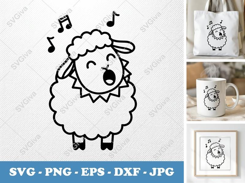 Sheep Singing SVG | Minimalist Cartoon Cut File | Bold Outline PNG DXF EPS | Cricut Silhouette | Cute Farm Animal Vector