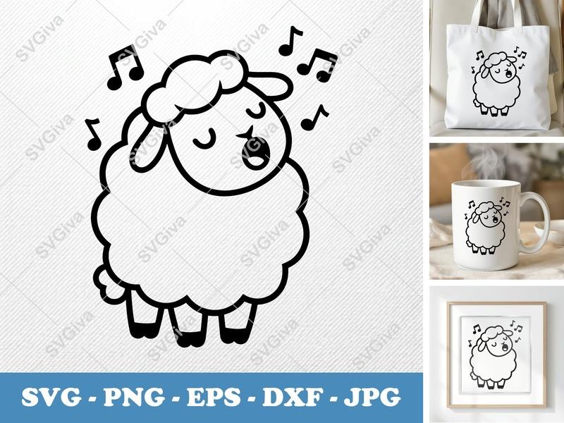 Sheep Singing SVG | Puffy Cloud-like Design | PNG DXF EPS | Cricut Silhouette File