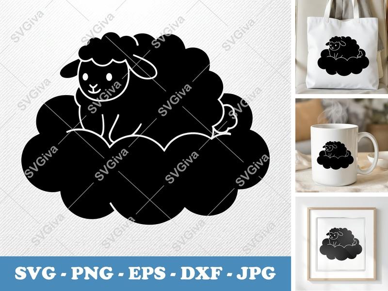 Sheep Sitting on Cloud SVG | Puffy Cloud Shapes | Inflated Pillow-Soft Design | PNG DXF EPS | Cricut Silhouette File
