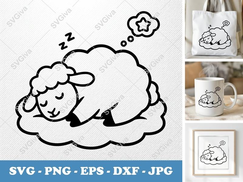 Sheep Sleeping SVG, Cute Baby Dream Star PNG, EPS, DXF - Cricut & Silhouette Cut File, Modern Farm Animal Clipart