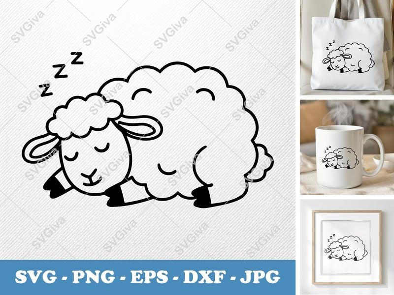 Sheep Sleeping SVG, Cute Farm Animal PNG, EPS, DXF | Modern Outline Clip Art for Cricut & Silhouette