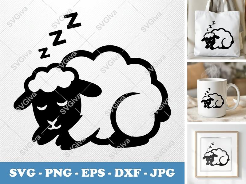 Sheep Sleeping SVG | Cute Lamb Cut File, Zzz Nap PNG, EPS, DXF for Cricut, Silhouette | Farm Animal Clipart Vector