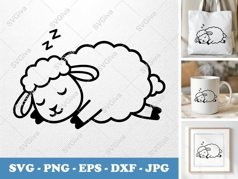 Sheep Sleeping SVG | Cute Lamb Dream PNG EPS DXF | Cricut Silhouette Cut File | Modern Nursery Farm Animal Vector