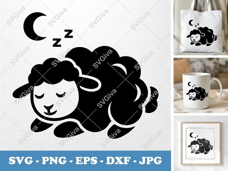 Sheep Sleeping SVG, Cute Moon Zzz Cut File, Modern Farm Animal PNG EPS DXF for Cricut, Silhouette, Baby Nursery Decor
