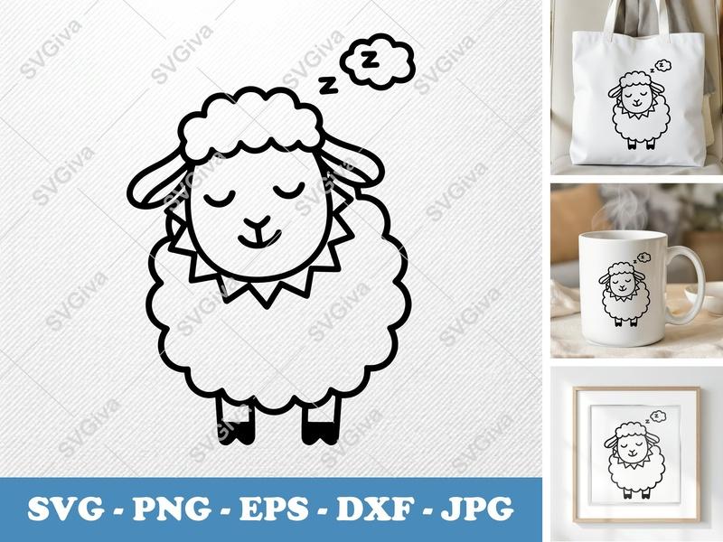 Sheep Sleeping SVG, Minimalist Cartoon Lamb Cut File | Bold Contour PNG DXF EPS | Cricut Silhouette Design