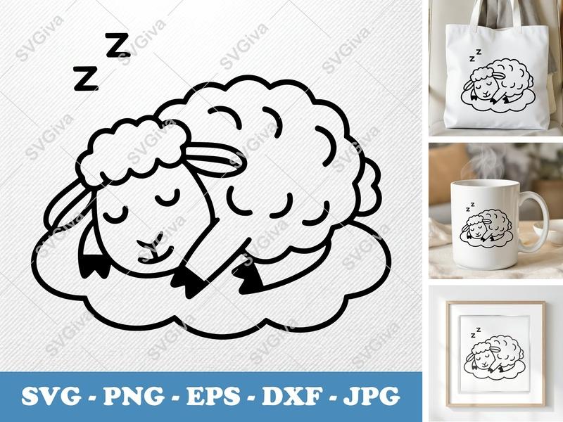 Sheep Sleeping SVG, Minimalist Cartoon Lamb Cut File, Bold Contour PNG DXF EPS for Cricut & Silhouette