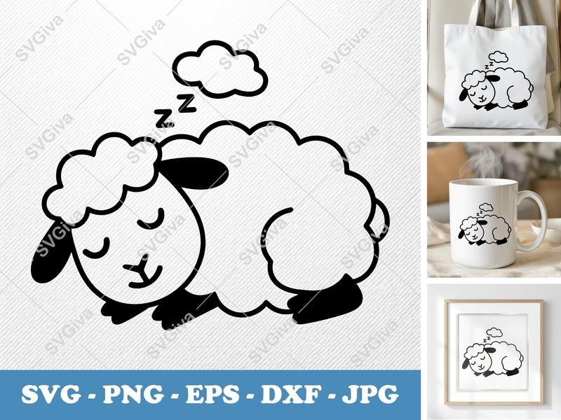 Sheep Sleeping SVG | Puffy Cloud Art | Cricut Silhouette | PNG DXF EPS | Sleepy Lamb Cute Design