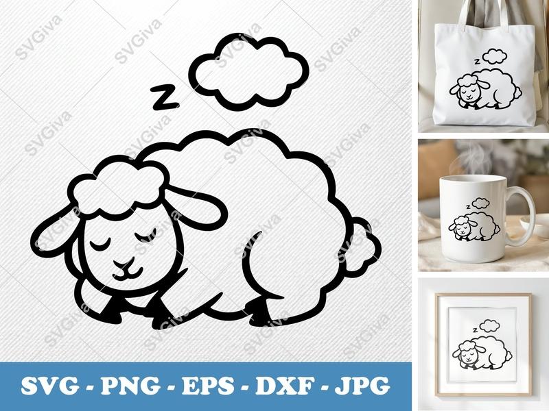 Sheep Sleeping SVG | Puffy Cloud-Soft Shapes | PNG DXF EPS | Cricut Silhouette File