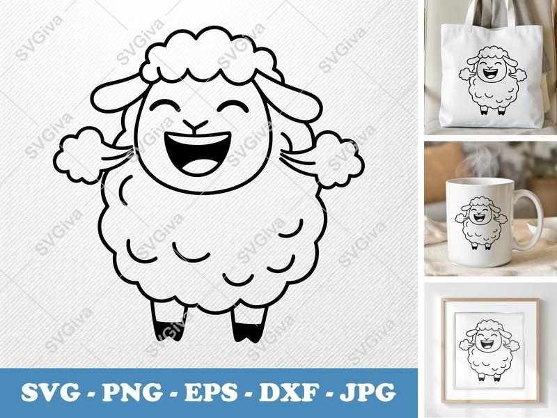 Sheep Smiling Happily SVG, Friendly Bean-Shaped Design, Rounded Body Cut File | PNG DXF EPS for Cricut Silhouette