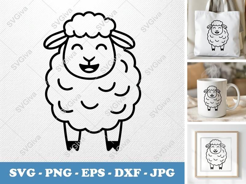 Sheep Smiling Happily SVG | Minimalist Animal Cut File | Bold Outline PNG DXF EPS | Cricut Silhouette Design