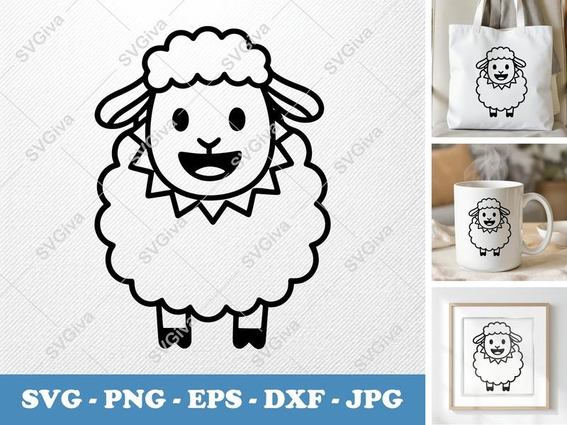 Sheep Smiling Happily SVG | Minimalist Cartoon Vector | Bold Outline PNG DXF EPS | Cricut Silhouette Cut File