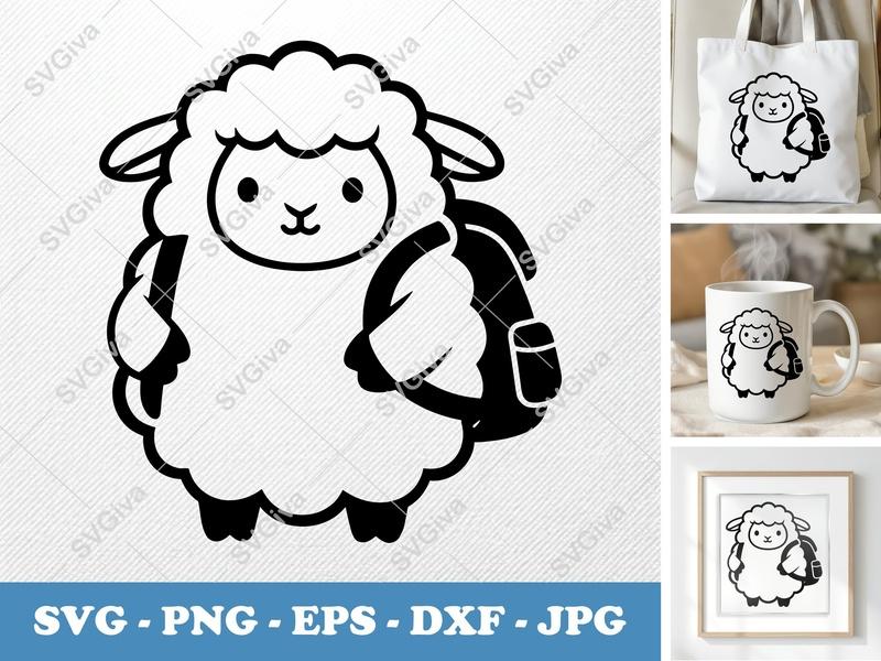 Sheep SVG Backpack, Cute Lamb Outline Cut File | PNG EPS DXF for Cricut, Silhouette | Farm Animal Clipart Vector