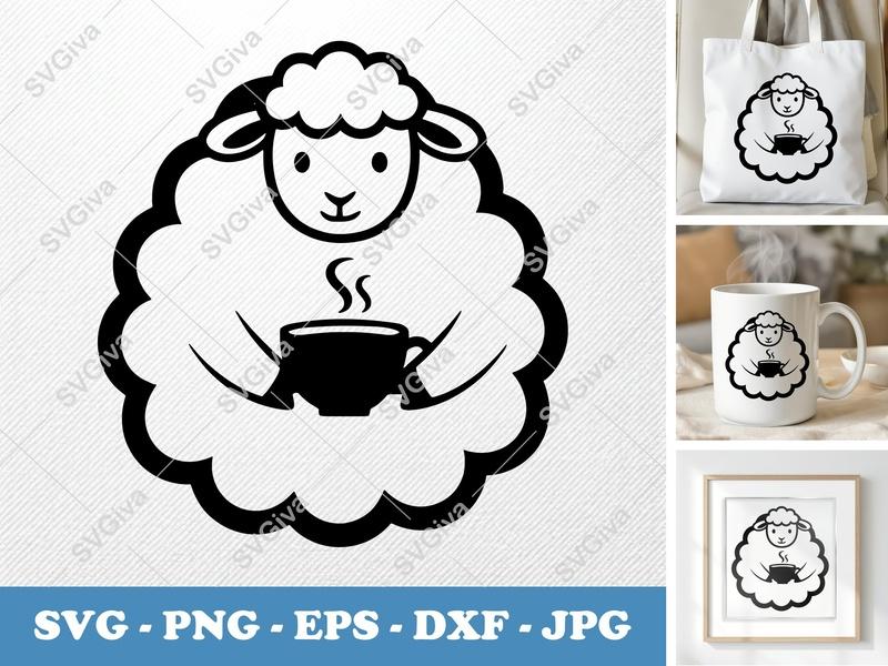 Sheep SVG, Coffee Mug Cut File, Modern Farm Animal PNG, EPS, DXF for Cricut & Silhouette, Beverage Design