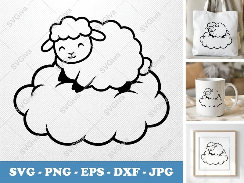 Sheep SVG, Cute Baby Lamb on Cloud Cut File, Modern Farm Animal Design, PNG EPS DXF for Cricut & Silhouette