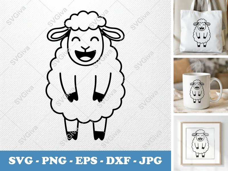 Sheep SVG, Cute Cartoon Lamb Cut File, Happy Farm Animal PNG DXF EPS for Cricut Silhouette, Modern Design