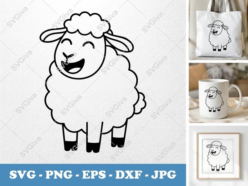 Sheep SVG Cute Cartoon Lamb Design | Farm Animal Clipart, PNG EPS DXF for Cricut, Silhouette