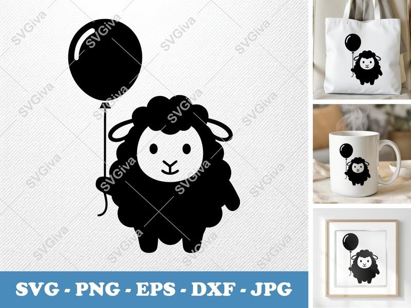 Sheep SVG, Cute Cartoon Lamb with Balloon Cut File, Modern Farm Animal Design, PNG EPS DXF for Cricut & Silhouette