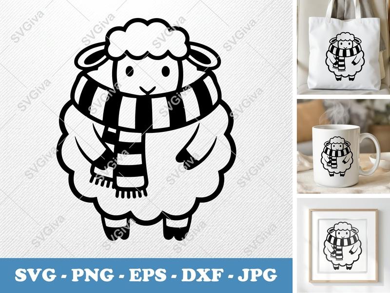 Sheep SVG | Cute Cartoon Lamb with Scarf | Farm Animal Vector PNG EPS DXF | Cricut Silhouette Cut File