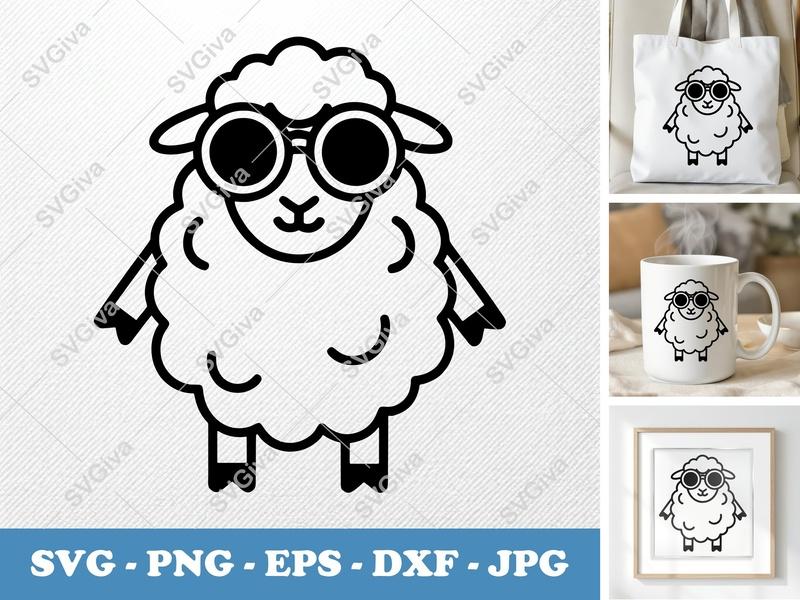 Sheep SVG, Cute Cartoon Lamb with Sunglasses, Modern Farm Animal Clipart | PNG EPS DXF for Cricut & Silhouette
