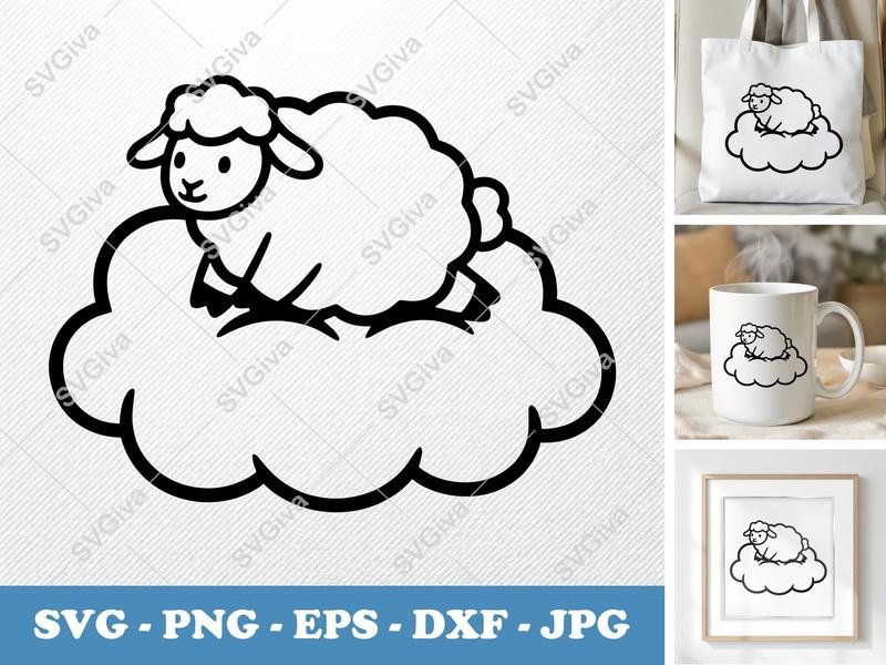 Sheep SVG, Cute Cartoon Sheep on Cloud, Lamb Cut File for Cricut, Silhouette | PNG EPS DXF Vector Clipart | Farm Animal Art