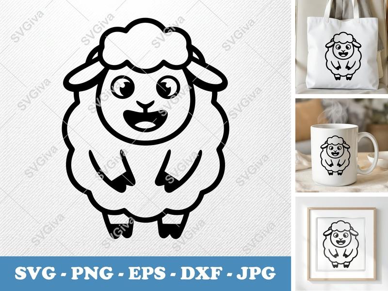 Sheep SVG, Cute Farm Animal Line Art, Modern Cartoon Lamb Cut File for Cricut, Silhouette | PNG EPS DXF Vector Clipart