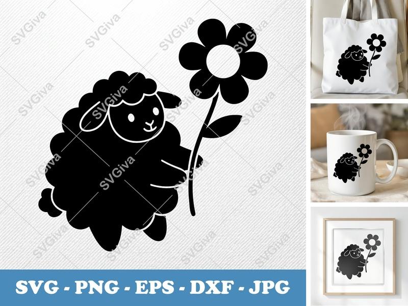 Sheep SVG, Cute Floral Lamb Clip Art, Flower Design, PNG, EPS, DXF for Cricut & Silhouette, Modern Farm Animal Vector
