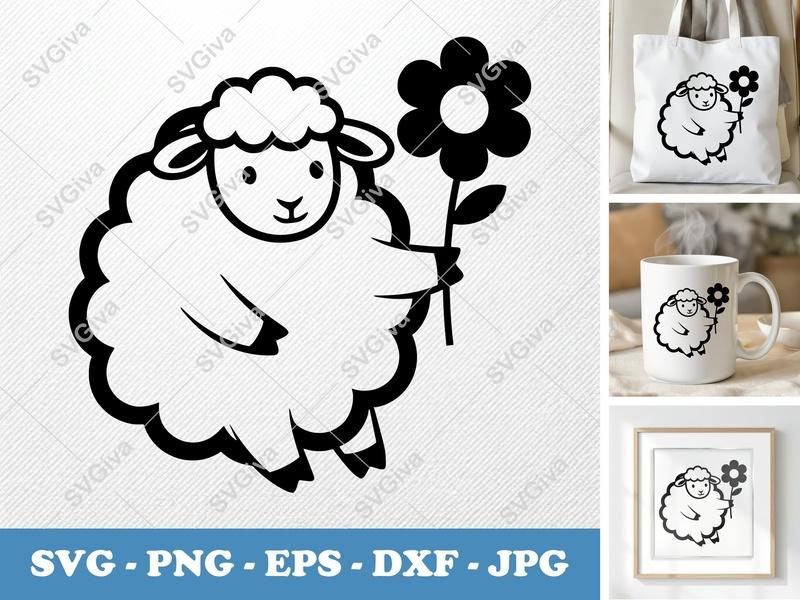 Sheep SVG, Cute Floral Lamb Clipart, Flower Animal Design | PNG EPS DXF | Cricut Silhouette Cut File