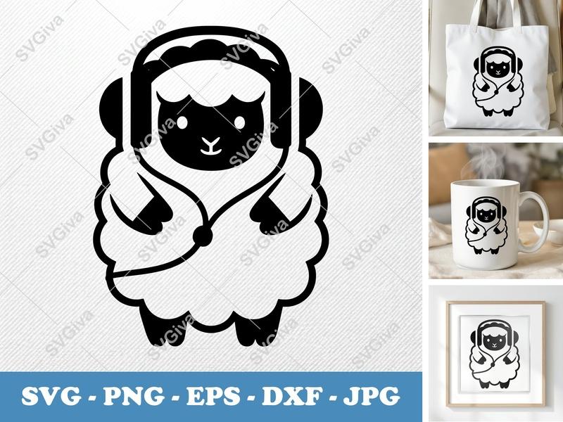 Sheep SVG, Cute Headphone Music Lover Lamb Cut File, Modern Farm Animal Clipart | PNG EPS DXF for Cricut, Silhouette