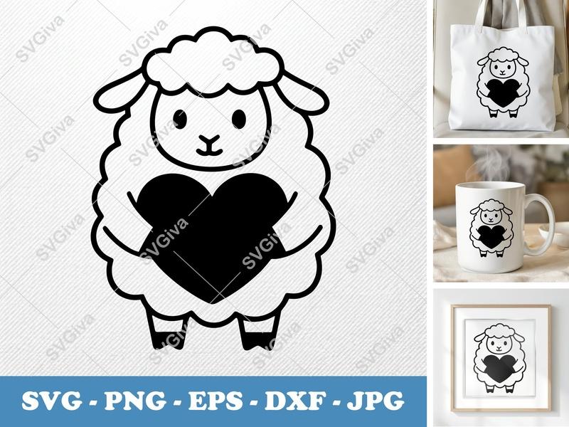 Sheep SVG, Cute Heart Modern Animal Clipart, Farm Love PNG EPS DXF | Cricut & Silhouette Cut File, Valentine's Day Craft