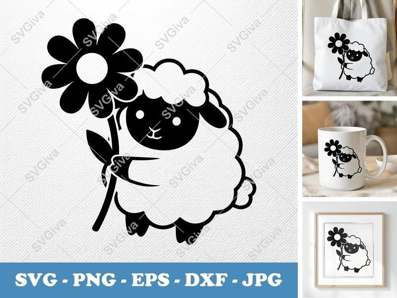 Sheep SVG, Cute Lamb with Flower, Farm Animal Clipart, Modern Design Cut File for Cricut, Silhouette | PNG EPS DXF Vector