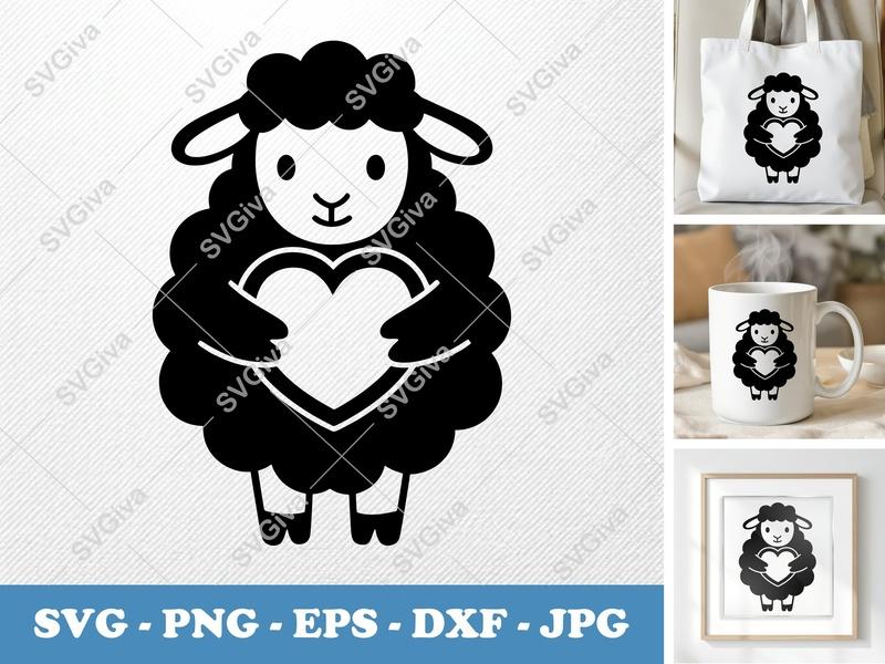 Sheep SVG | Cute Lamb with Heart Cut File | Modern Farm Animal PNG, EPS, DXF for Cricut & Silhouette