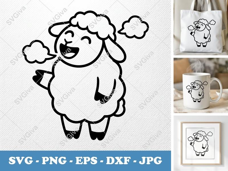 Sheep SVG, Cute Laughing Lamb Cut File, Farm Animal Clipart, PNG, EPS, DXF for Cricut & Silhouette