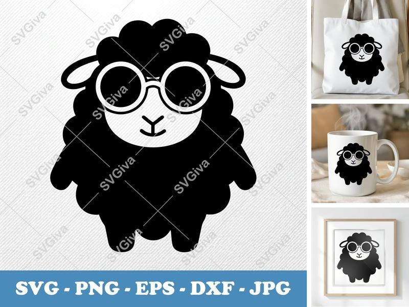Sheep SVG, Cute Sheep with Glasses Cut File, Modern Farm Animal Clipart | PNG EPS DXF | Cricut Silhouette Design