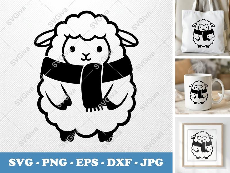 Sheep SVG, Cute Winter Scarf Lamb Clipart, Modern Farm Animal Vector, Cricut Silhouette Cut File, PNG EPS DXF Bundle