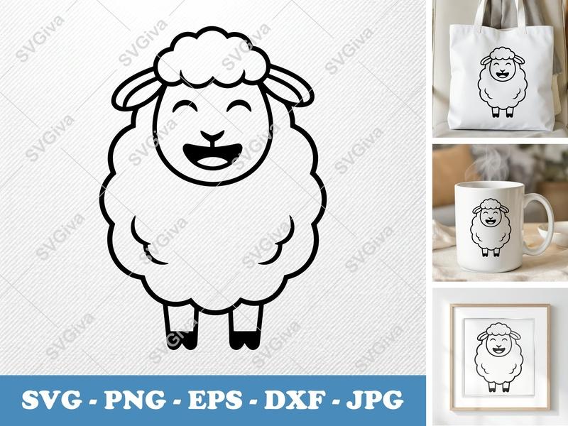 Sheep SVG, Happy Cartoon Lamb Cut File, Farm Animal Clipart, PNG EPS DXF for Cricut, Silhouette, Modern Design