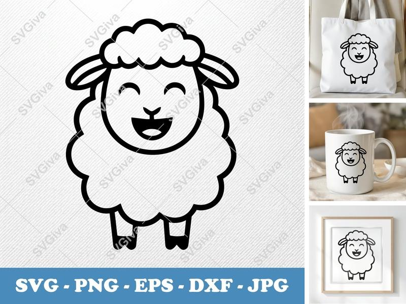Sheep SVG, Happy Lamb Cut File, Cute Farm Animal Vector, Outline Clipart, PNG EPS DXF for Cricut, Silhouette
